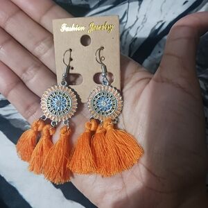 NEW Women Orange  triple fringe tassel earrings